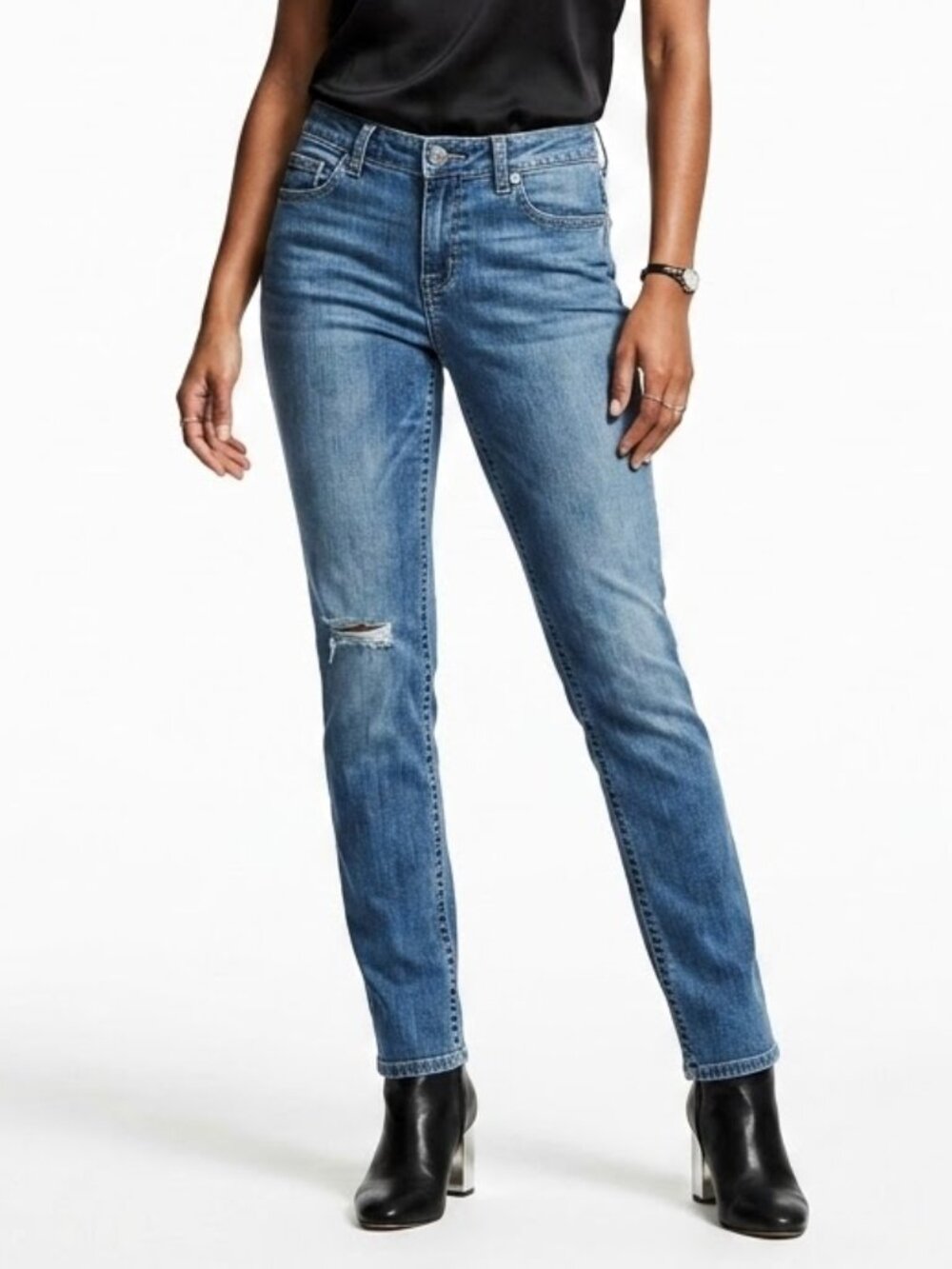 DKNY Jeans Y2K Rhinestone Low Mid Rise Straight Leg Distressed Medium Wash 10